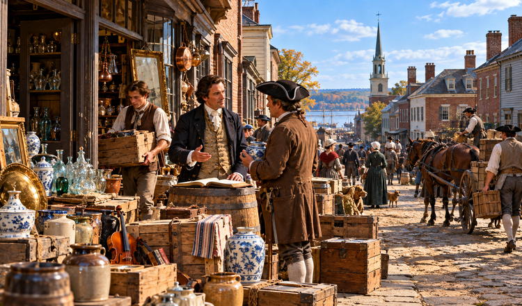 Late eighteenth-century Albany shopkeeper in a dark coat speaks with a customer amid glassware and ceramics along a busy street.
