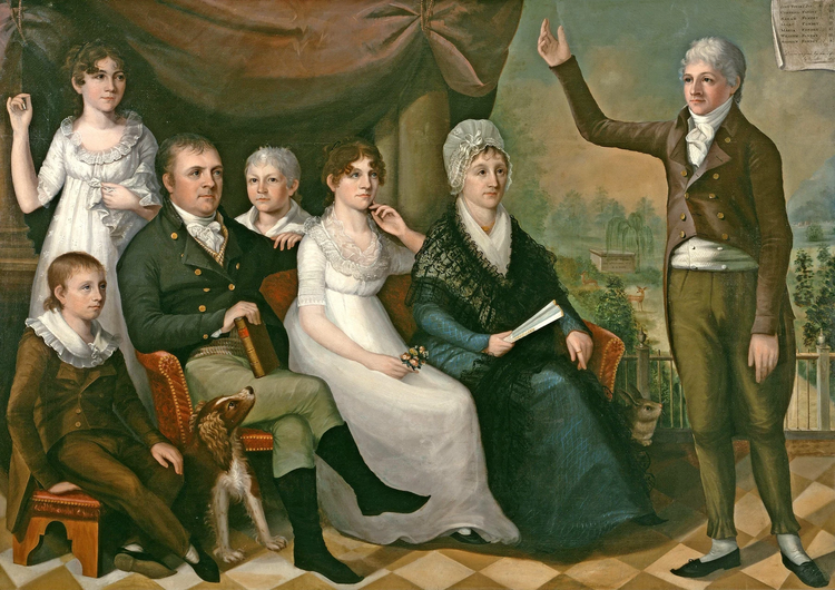 Color portrait painting of the Fondey family, seven family members in early nineteenth-century clothing with a dog, seated and standing together.