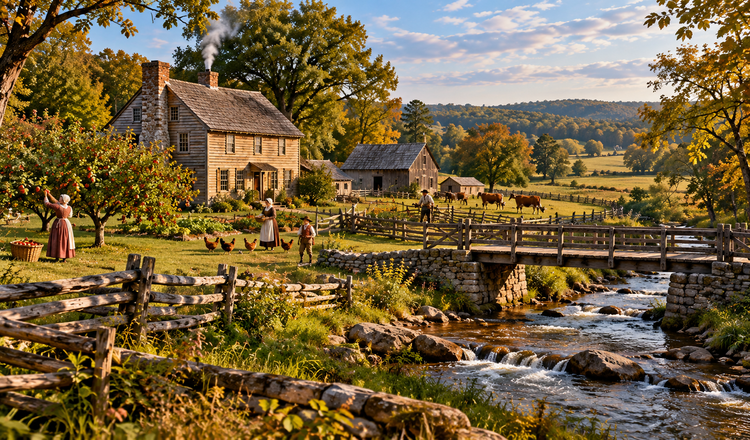 Illustrated eighteenth-century farmhouse with orchard, grazing livestock, stone-lined creek and wooden bridge.