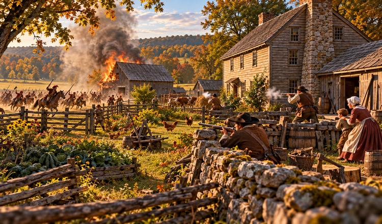 Revolutionary-era men exchange fire near an eighteenth-century farmhouse while people shelter close to the house; an outbuilding burns in the background.