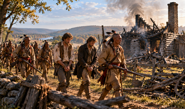 Historical reconstruction of Revolutionary-era armed raiders capturing colonists during the Mohawk Valley raids of 1780.