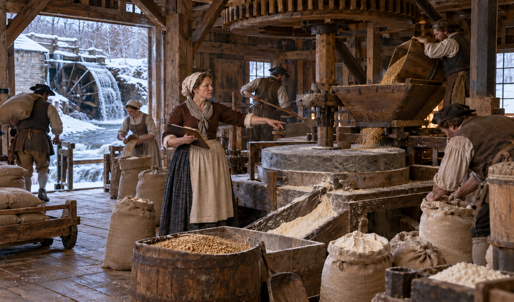 Peggy Wemple points toward mill machinery as workers prepare grain and flour inside a snowy eighteenth-century water-powered gristmill.