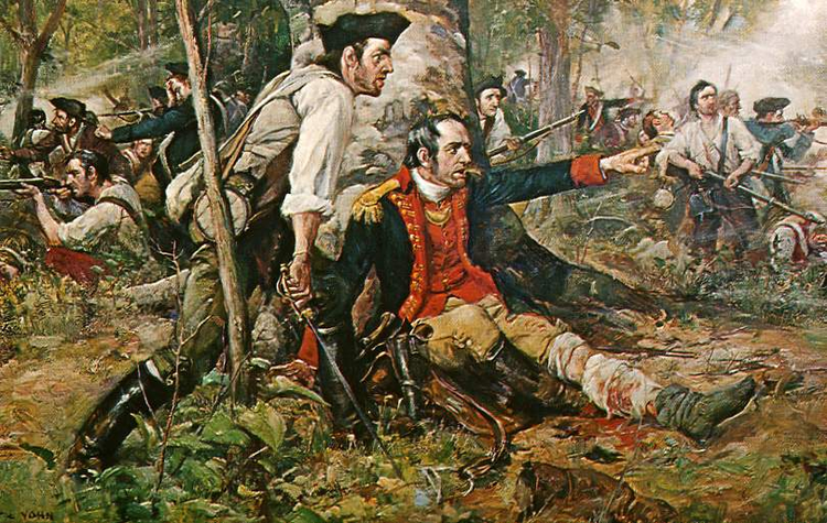 Historical painting of a wounded General Herkimer seated beneath trees, gesturing toward Revolutionary War combatants at Oriskany.