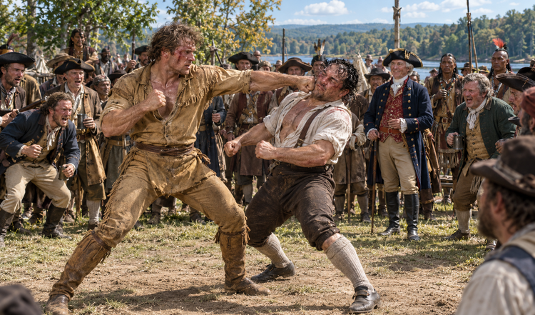 Two eighteenth-century men box bare-knuckled before a ring of colonial spectators and Mohawk Valley visitors.