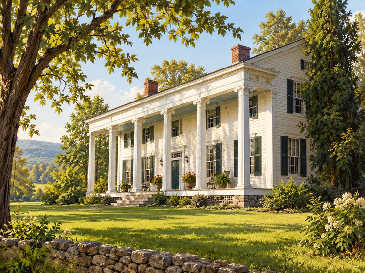 Color painting of a columned white historic house with green shutters, trees and garden.