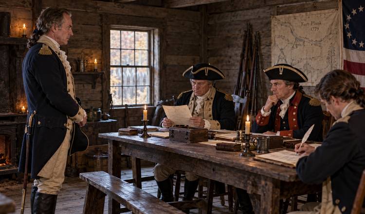 Revolutionary-era officer stands before seated officers and a clerk at a timber fort military hearing.