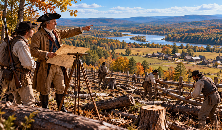 Older colonial landowner points across Mohawk Valley fields beside survey maps while laborers erect fences.