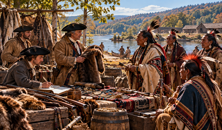 Eighteenth-century European traders and Indigenous merchants compare beaver pelts and other goods by a Mohawk Valley river landing.