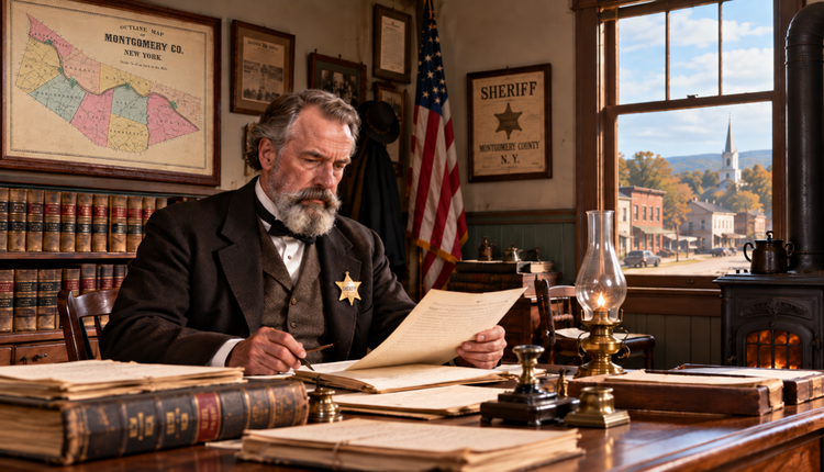 Bearded sheriff reading papers at a wooden desk beneath a colored 1868 Montgomery County map.