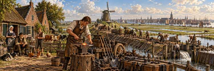 Illustrated scene of Jelle Douwes Fonda in Friesland, showing smithy work, polder labor, family farm life, and Amsterdam in the distance