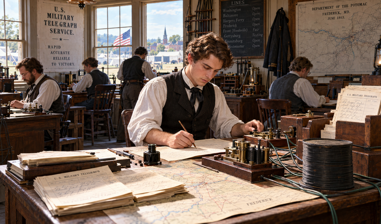 Young Civil War civilian telegraph operator writing a message beside a Morse key and sounder in a busy wooden office, with operators, maps and papers in daylight.