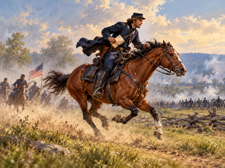 Interpretive Civil War illustration of a mounted dispatch courier racing toward Union headquarters before the Battle of Gettysburg.