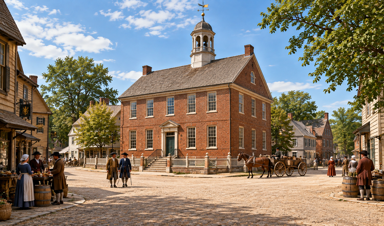 Historical color reconstruction of Albany City Hall circa 1750, with red-brick civic building, cupola, townspeople, and a clean colonial street.