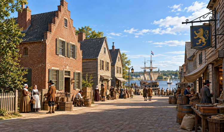 Historical color reconstruction of Albany Court Street in 1686, with Dutch colonial buildings, pedestrians, carts, and a clean street near the waterfront.