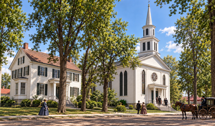 Historical color reconstruction of the white clapboard Dutch Reformed Church in Fonda, New York, with its steeple, neighboring parsonage, and nineteenth-century visitors.
