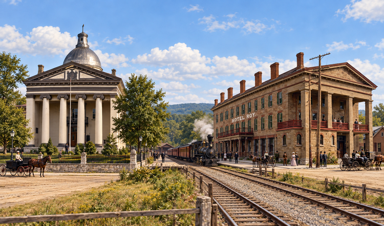 Historical color reconstruction of Montgomery County Courthouse with its domed roof and columned portico, a passing steam train, and Hotel Roy in Fonda, New York.