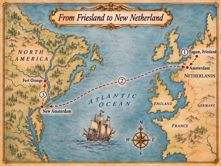 Illustrated route from Friesland through Amsterdam and New Amsterdam to Fort Orange