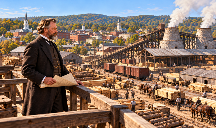 Bearded industrialist holding papers on an elevated wooden platform above a lumber and lime yard.