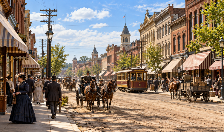 Color historical reconstruction of Battle Creek, Michigan, circa 1890, showing Victorian commercial buildings, horse-drawn carriages, a streetcar, and pedestrians.