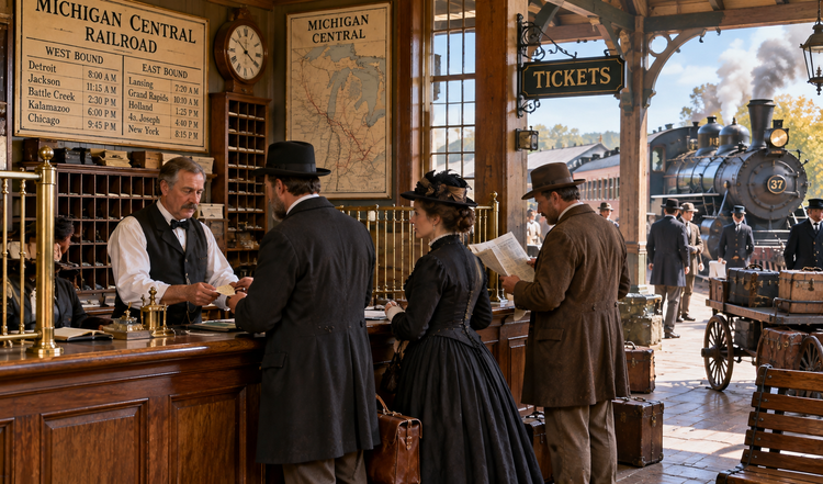 Historical color reconstruction of a nineteenth-century railroad ticket office, with William Henry Fonda behind a wooden counter assisting travelers while a steam locomotive waits outside.